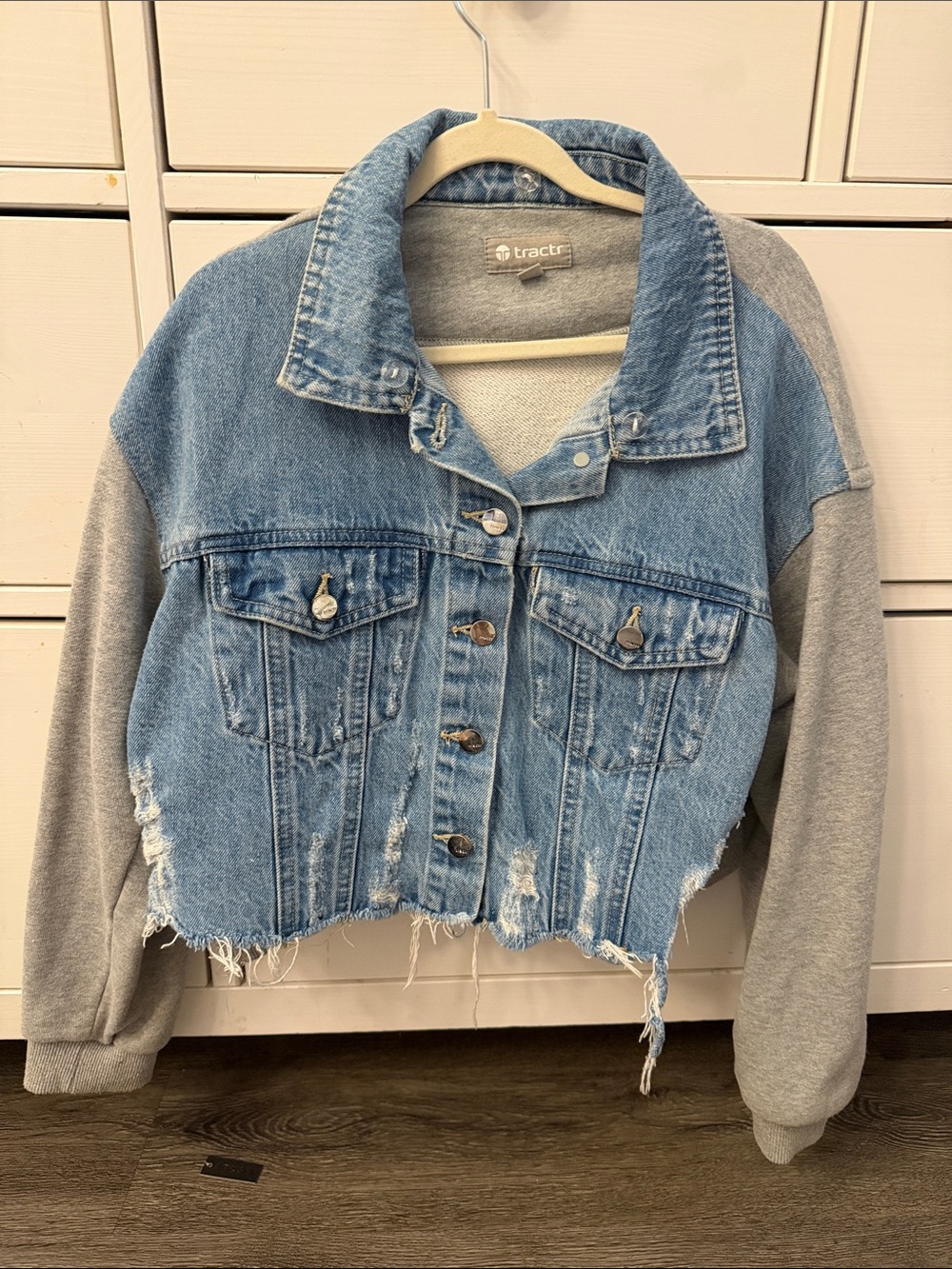 Tractr Denim Jacket with Gray Knit Raglan Sleeves